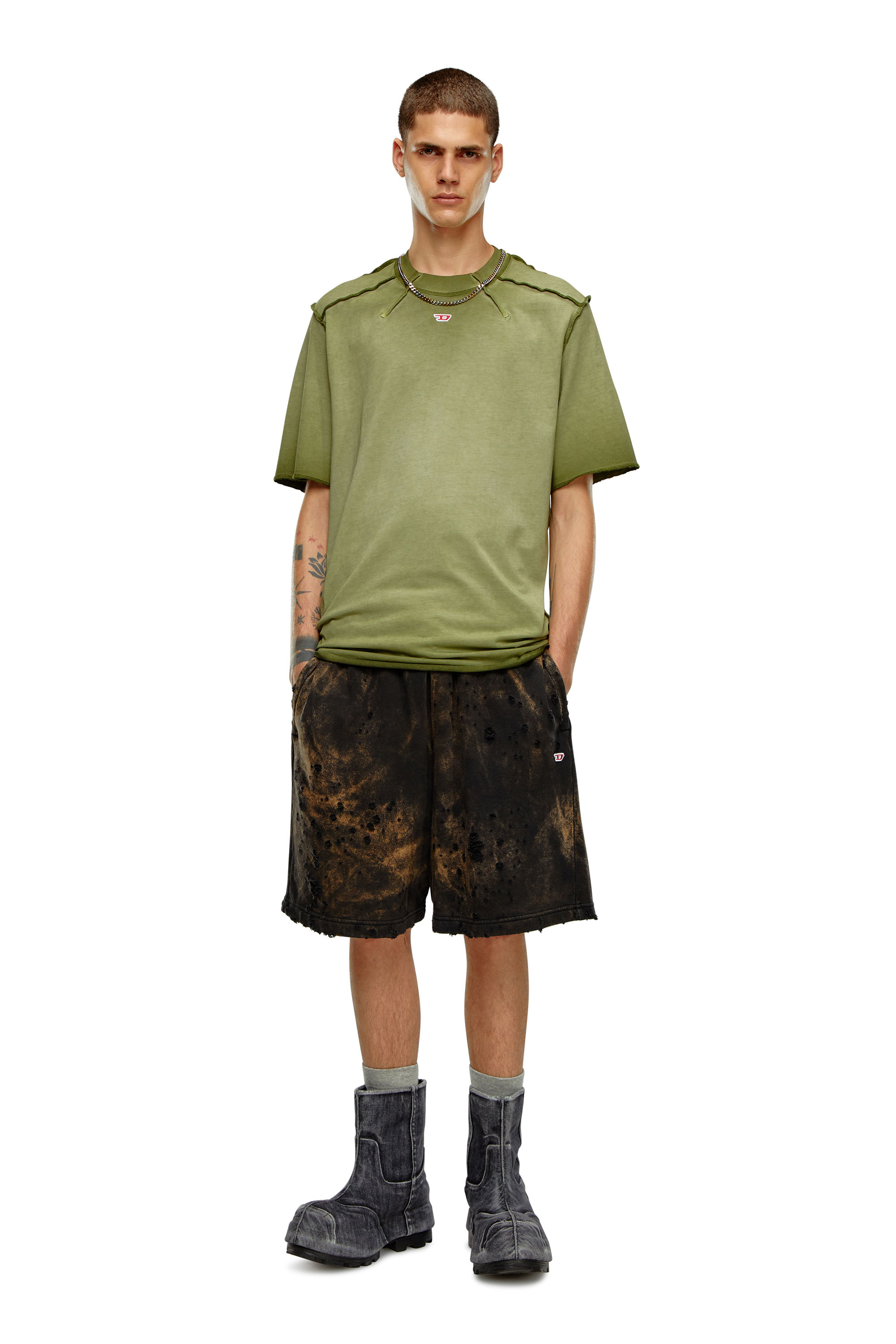 Diesel - T-ERIE-N, Man T-shirt with micro-waffle shoulders in Green - Image 3