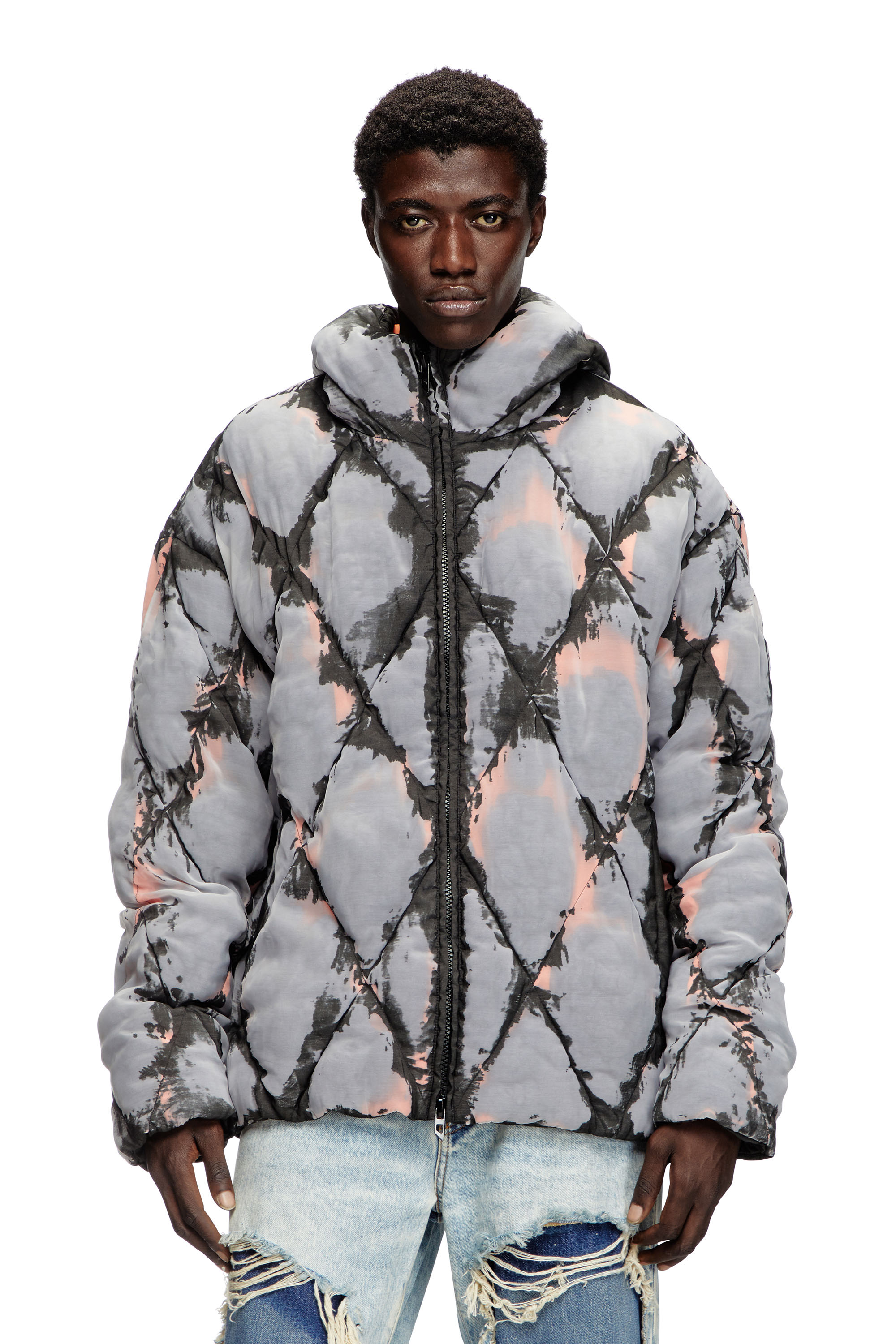 Diesel - W-DOM, Man's Hooded devoré argyle puffer jacket in Black/Orange - 1