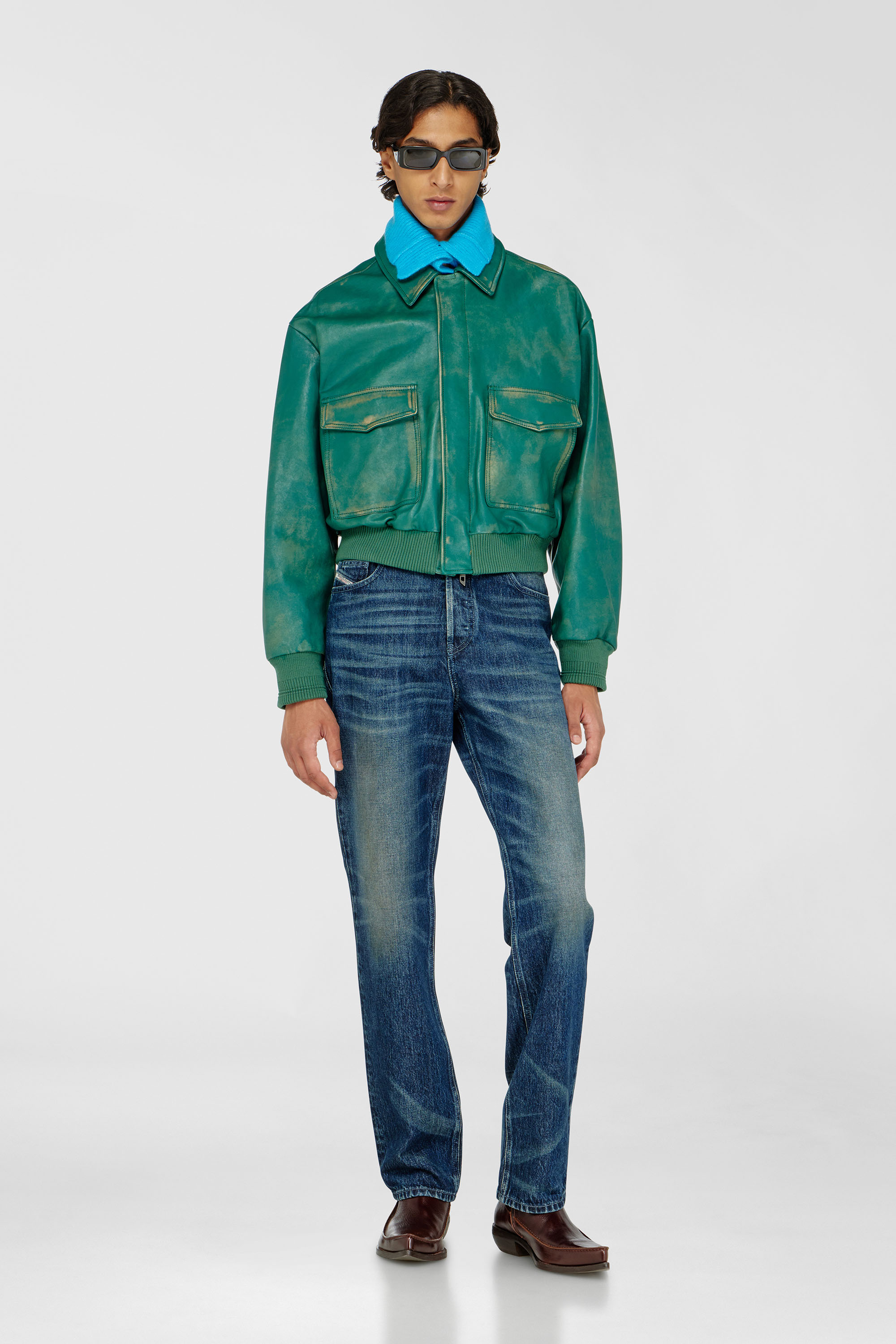 Diesel - L-UMAN, Man's Aviator jacket in treated leather in Dark Green - 1